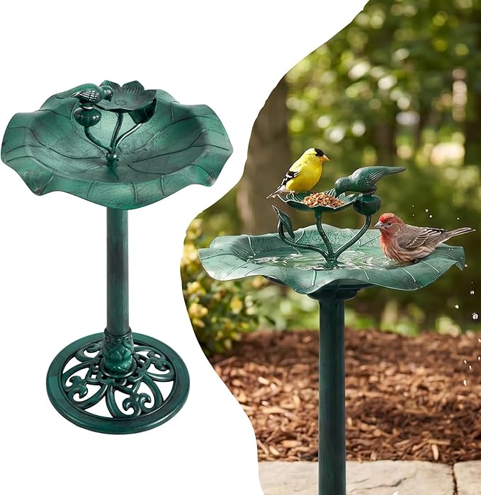 VINGLI Pedestal Bird Bath 28 Inch Antique Copper Resin Birdbaths Weather Resistant Floral Accents and Vintage Finish Garden Decor for Outdoor Lightweight Courtyard… (Green-with Bird Feeder)