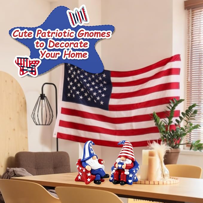 4th of July Gnome Decorations 2 PCS Resin Patriotic Figurines Indoor Collectible Gifts Cute Holiday Decor for Table Home