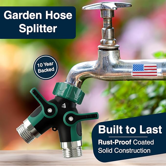DBR Tech® Hose Splitter 2 Way, Heavy Duty Metal Connector, Two Way Garden Hose Splitter, High Flow Spigot Faucet Bib Adapter, Solid Double Y Shut Off Valve for Outdoor Gardening Hoses, Green