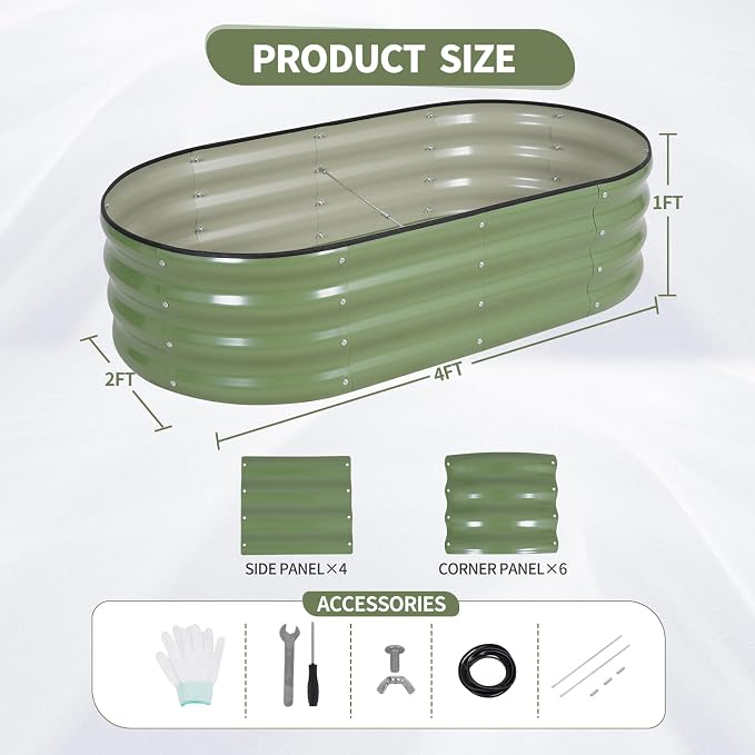 Galvanized Raised Garden Bed Outdoor- Raised Beds for Gardening| Metal Planter Box, Steel Raised Garden Bed Kit with Safety Edging and Gloves for Vegetables, Flower, Herbs (4x2x1FT, Green)