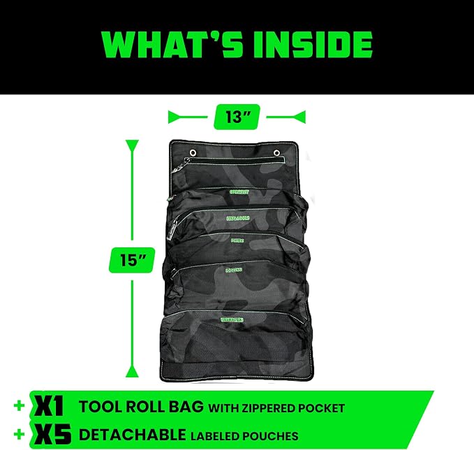 Rhino USA Tool Bag Roll - Heavy Duty Canvas Organizer Pouch for Tools - Ultimate Travel Tool Storage Kit for UTV, Car, Truck, 4x4 Offroad - Upgraded with Labeled & Removable Pouches - Secured for Life