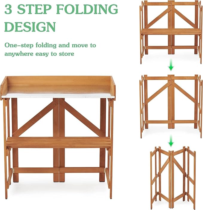 Folding Potting Bench Table, Outdoor Workstation with Galvanized Tabletop and Storage Shelf for Garden, Deck, Balcony, Easy Assembly