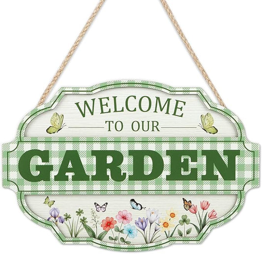 HOURIA 3D Welcome to Our Garden Wood Sign,(11.4”x8”) Gardening Greenhouse Decor, Gardening Sign, Flowers Butterfly Garden Decorations for Outside,Gardening Gifts,Gifts for Plant Lovers