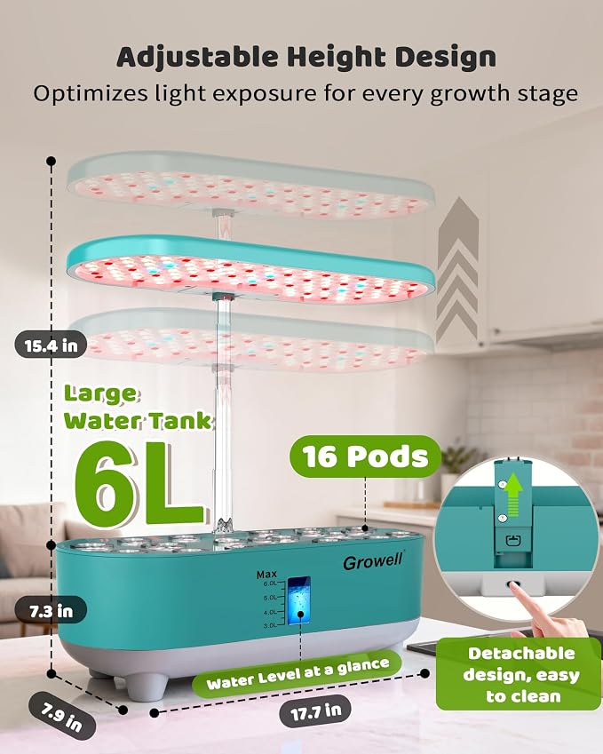 Growell Hydroponics Growing System Kit, 16 Pods, Vertical 8L Indoor Gardening System for Herb Vegetable Fruit, Hydro Garden with LED Grow Light, Smart Water Circulation, 3 Light Modes & 2 Timer, Green