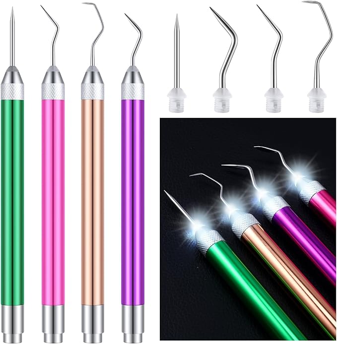 Leriton 4 Pcs LED Weeding Tools for Vinyl with Light Weeding Tool with 5 Different Hooks Lighted Pin Pen Tool for Removing Iron on Tiny Vinyl Paper Crafting Silhouettes DIY(Mixed Color)