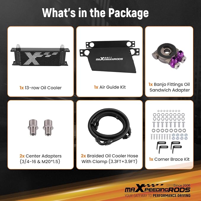 maXpeedingrods 13 Row Oil Cooler Kit, 10AN Transmission Engine Cooler British Radiator Universal Aluminium Black, Banjo Fittings Oil Filter Sandwich Adapter, Air Guide Kit and Oil Cooler Hoses