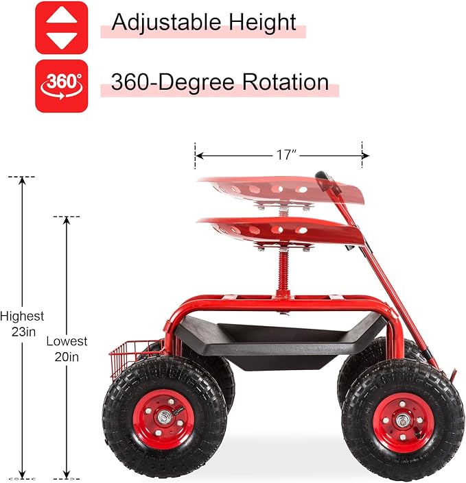 KINTNESS Garden Cart Seat Rolling Scooter Wagon with Extendable Steering Handle Swivel Seat & Utility Basket Red