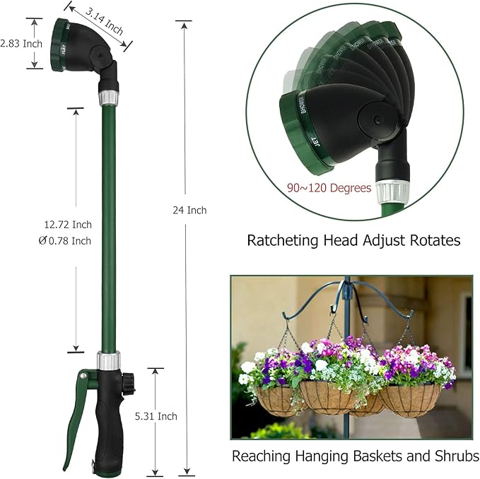 Watering Wand for Hanging Baskets & Windows, Lightweight 6-Spray Wand, Ergonomic Nozzle for Garden, Patio, Car Cleaning (Green, 24 Inch)