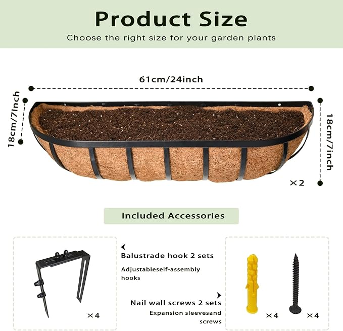 24'' Window Box Railing Planter with Coco Liner,2 Pack Horse Trough Planters Black Metal Hanging Flower Planters Basket for Porch Fence Patio Indoor Outdoor Lawn