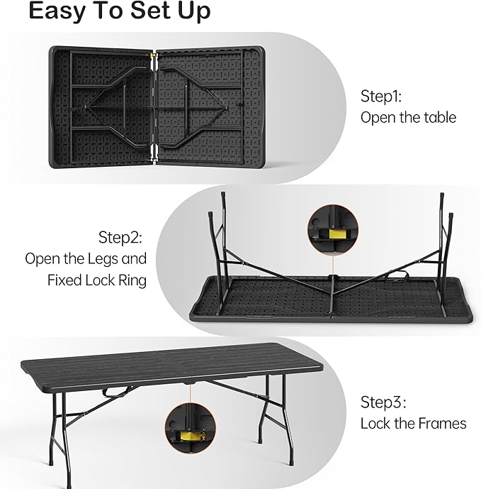 VSOAEIL Folding Table 6 Foot for Indoor Outdoor, Portable Heavy Duty Fold-in-Half Utility Plastic Foldable Dining Table with Carrying Handle for Picnic, Camping and Party, Matte Black