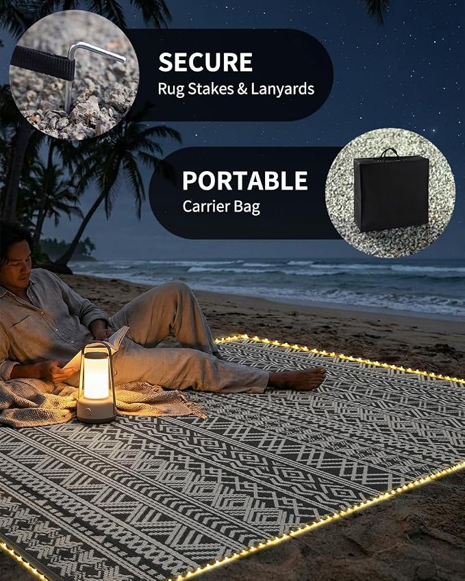 MontVoo-Outdoor Rug Carpet 9x12 ft for Patio RV Camping with Led Strip Lights Waterproof Plastic Straw Rug Reversible Portable Outside Indoor Outdoor Rug Mat for Patio Decor Balcony Picnic-Boho Rug