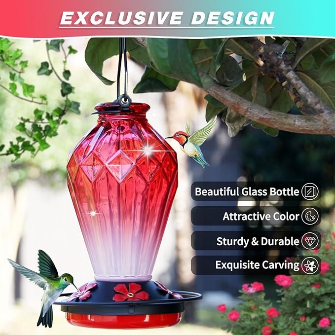 2 Pack Glass Hummingbird Feeder for Outdoors Hanging, 25Oz Humming Bird Nectar Feeder, Perch, 5 Flower Feeding Ports, Leak Proof Base, Hook for Outside Garden Backyard, Gift for Women, Diamond Red