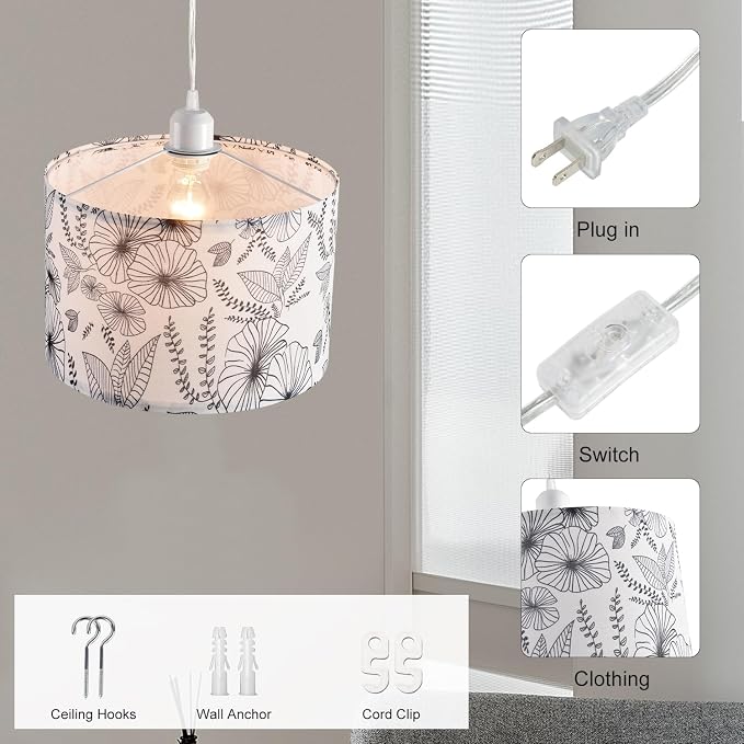 2 Pack Plug in Pendant Light, Hanging Light with 15Ft Clear Cord, On/Off Switch, Flower Fabric Lamp Shade, Hanging Light Fixture for Bedroom, Kitchen, Living Room, Dining Table