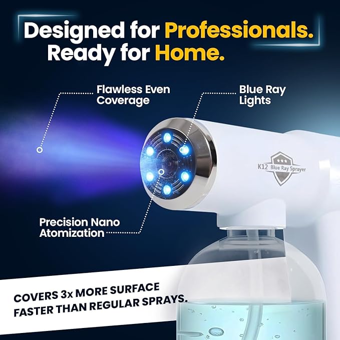 Professional K12 Nano Spray Gun with Blue Light, Atomizer Sprayer & Nano Steam, Cordless & Rechargeable Barber Spray Gun for Fine Mist Sprayer, Handheld & Portable for Home, Salon, Office & Travel Use