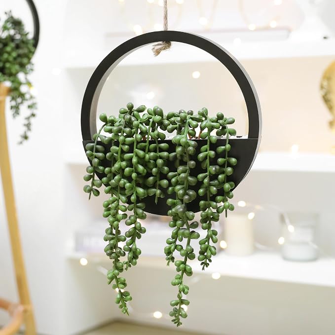 Floweroyal 2pcs Artificial Succulents Hanging Plants 20.1'' Fake String of Pearls in Pot with 9.4'' Lanyard for Indoor Outdoor Wall Decor (Black)