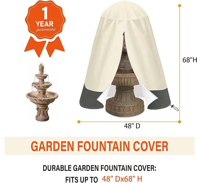 SOKINGCOVER Fountain Cover 48"x68" Heavy Duty 420D Waterproof with Zipper Access & Drawstring — Large Outdoor 3-Tier Garden Fountain Cover for Winter Freeze Protection, UV & Water Resistant