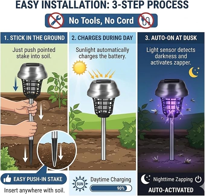 4 Pack Solar Bug Zapper Outdoor Waterproof Solar Powered Mosquito Zapper Repellent Outdoor Patio,Cordless & Auto On/Off Trap Light for Small Fly Insect Zappers for Garden Backyard Gnat for Outside