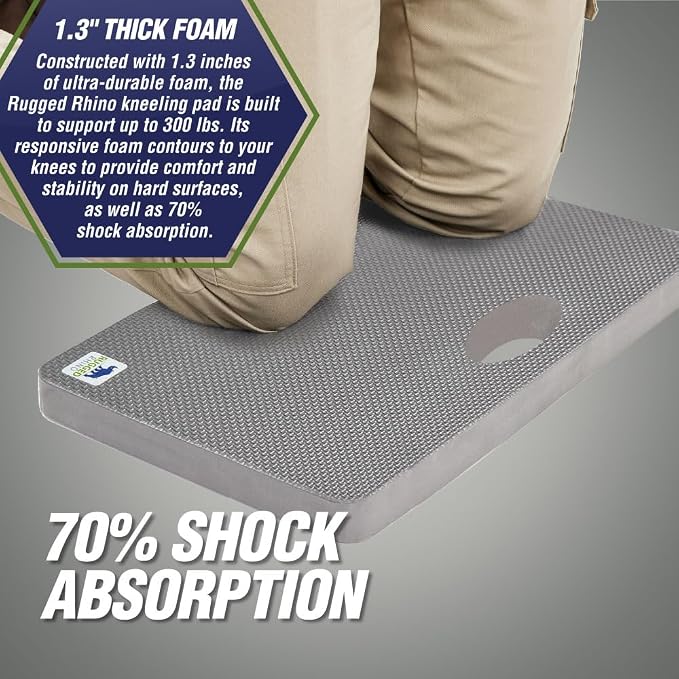 RUGGED RHINO Heavy Duty Patent Pending Kneeling Pad, 2 PK, Shock Absorbent Thick Knee Pads, Holds Up to 300 lbs, Protect Knees from Hard Concrete Surfaces, For Mechanics, Gardening, Gym, Slate Gray