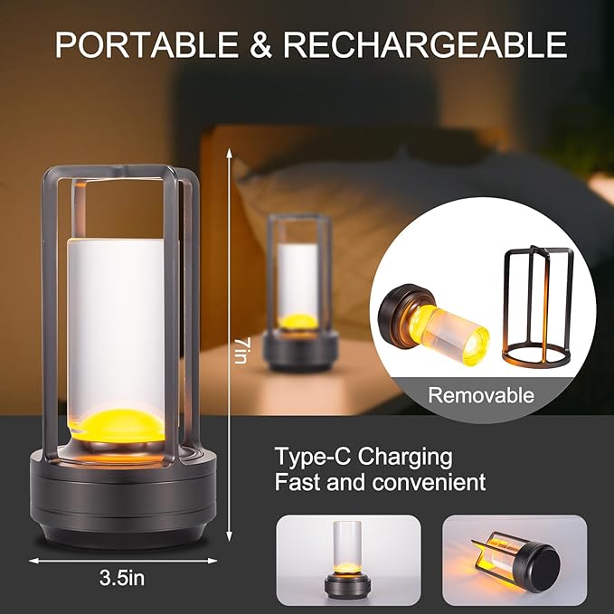 HAPYGI Portable Metal Table Lamp for Indoor/Outdoor,Rechargeable Cordless LED Lamp, 3-Colour Infinitely Dimming Battery Powered Small Desk Lamp, Restaurant/Bedroom/Bar/Coffee/Camping Light (Grey)