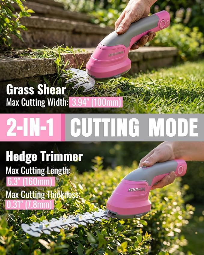 8V Cordless Hedge Trimmer & Grass Shear, 2-in-1 Handheld Shrub Trimmer with 2000mAh Removable Battery, 2 Interchangeable Blades for Bushes, Shrubs & Lawn Edging (Pink)