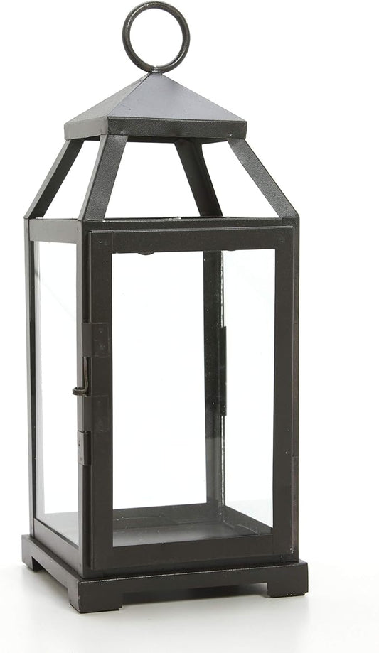 Hosley 14 Inch High Large Clear Glass Iron Classic Style Lantern Elegant Candle Holder for Home Decor Vintage-Inspired Centerpiece with Stylish Iron Frame Indoor/Outdoor Lighting Accent Timeless