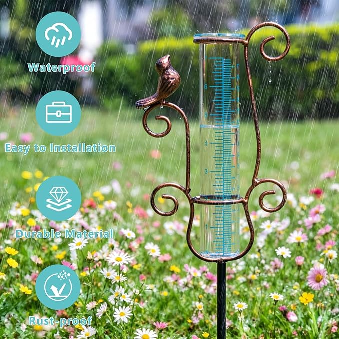Rain Gauge Outdoor with 7'' Capacity Glass Tube, Metal Rain Gauges for Measuring Precipitation, Garden and Yard Decor