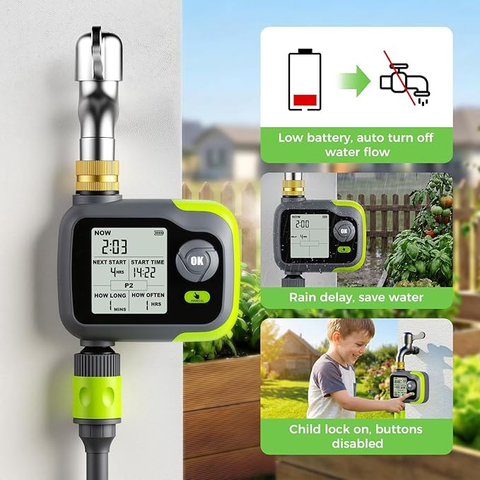 Sprinkler Timer, Watering Timer Brass Inlet for Garden Hose, Programmable Hose Timers w/Rain Delay, Outdoor Soaker Auto& Manual Drip Irrigation Controller System for Lawn Yard Greenhouse