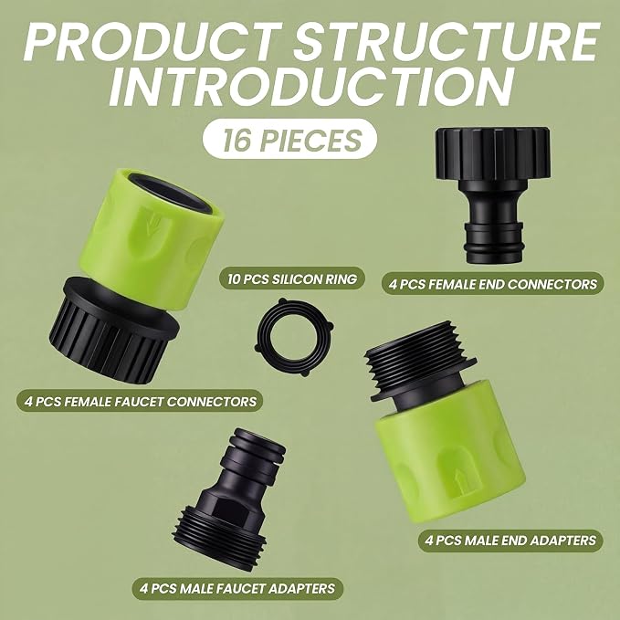 Hotop 16 Pieces Garden Hose Quick Connector 3/4 Inch Plastic Water Hose Fittings Male and Female Connectors End Adapters with 10 Pieces Rubber Gaskets(Fluorescent Color)