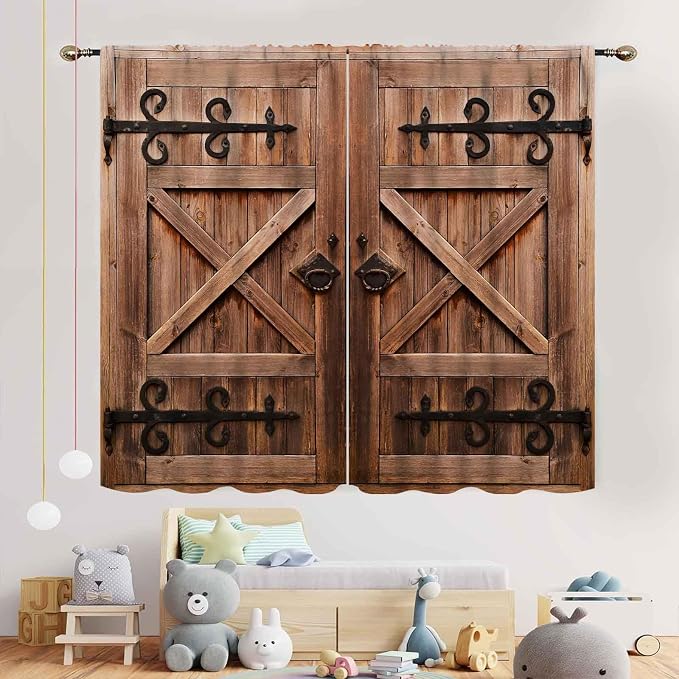 Wooden Barn Door Curtains, Rustic Brown Wood Board Farmhouse Country Cottage Western Barnwood Garage Gate Drapes Window Curtains for Living Room Bedroom Kitchen 2 Panels, 42"x63" Inch