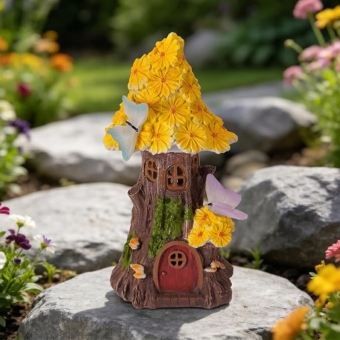 Fairy Garden House, Solar Fairy House for Outside Decor, Mushroom Outdoor Garden Statues for Yard, Lawn, Balcony Patio, Outdoor Figurine Lights Gifts for Mom Women