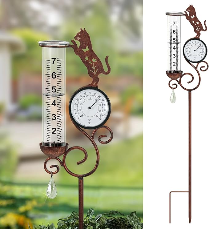 Cat Rain Gauge Outdoor,Large Number Scale Rain Gauge with Temperature & Hygrometer Metal Cat Garden Stakes for Outside,Lawn,Yard,Patio,Farm