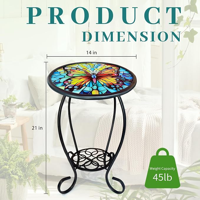 LIFFY Outdoor Side Table, 14" Round Mosaic Patio Table with Glass Butterfly Tabletop, 21" Height 2-Tier Indoor Small Decorative Plant Stand & End Table with Metal Frame for Home, Garden, Yard