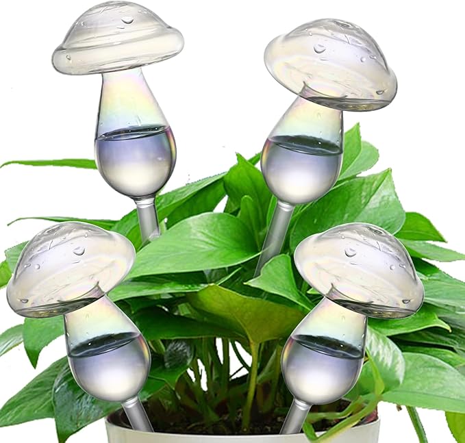 Plant Watering Globes, 4PCS Self Watering Globes Made from Hand-Blown Glass, Iridescent Glass Mushrooms Plant Self Watering Devices, Automatic Watering System for Potted Plants