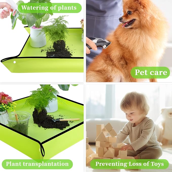 SupKing Repotting Mat 29.5"x 29.5" for Indoor Plant Transplanting Green Large Garden Mat Gift for Plant Lovers Oxford Fabric Portable Potting Tray for Gardening Mess Control