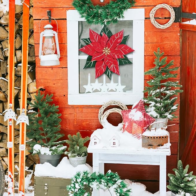 YEAHOME Chrismas Wall Decorations Indoor - 16 inch Metal Flower Wall Art Decor, Poinsettia Yard Garden Decor Hanging for Kitchen, Bathroom, Bedroom, Handmade Gift for Home, Indoor or Outdoor