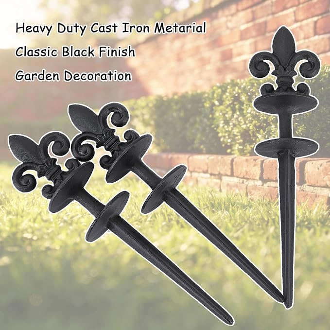 Black Metal Hose Guide Stakes, Cast Iron Fleur de Lis Decorative Garden Hose Guide Spikes for Lawn Protection, Set of 3