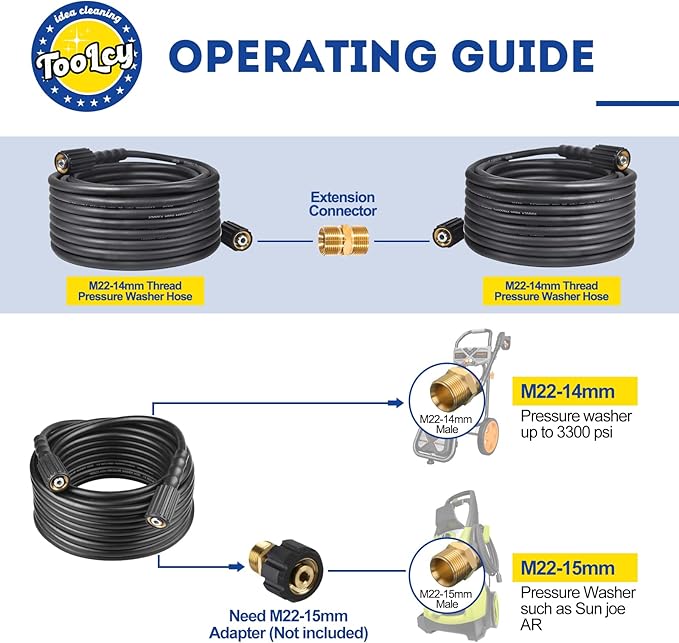 TOOLCY Pressure Washer Hose 25 ft, 1/4" Kink Resistant Power Washer Hose M22 Replacement for Ryobi, Troy Bilt, Greenworks, CRAFTSMAN High PressureWashers, 3300 PSI