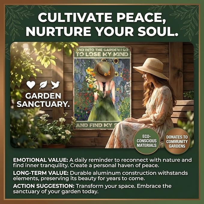 "Into The Garden I Go To Lose My Mind And Find My Soul" Metal Sign, Retro Gardener Girl Poster, 8x12 Inch Outdoor Garden Decor for Yard Fence Patio, Spiritual Gardening Gift for Women