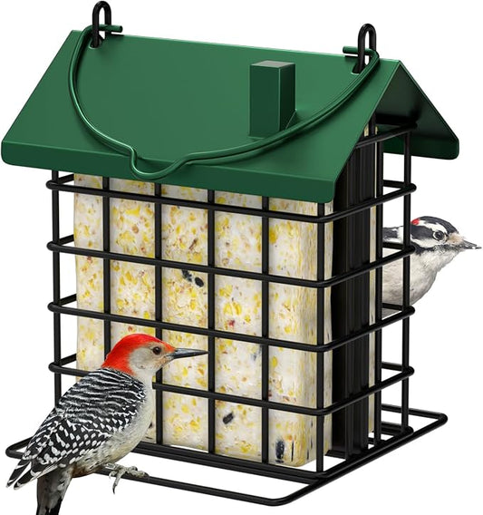 Gbekery All-Metal Double Suet Bird Feeder for Outdoors Hanging, Suet Cake Cage Holder with Weather-Resistant Roof & Perch for Outside Garden, Green