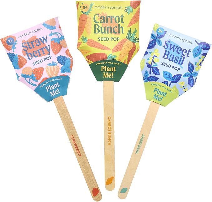 Modern Sprout Seed Pops - Organic Non-GMO Carrot Strawberry & Basil Seeds for Planting - Fun Family Activity - Ideal for Indoor & Outdoor - Playful Gift for Kids Adults and Plant Lovers (Pack of 12)