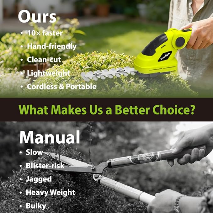 Grasstigon Hedge Trimmer Cordless Grass Shear Handheld Grass Trimmer, 2 in 1 Electric Bush Trimmer, 7.2V Lightweight Rechargeable Shrub Trimmer for Garden Yard Lawn, Type-C Cable Included (Green)
