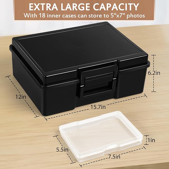 Photo Storage Box 5 x 7 Inches, 18 Inner Extra Large Photo Organizer With Dividers, Acid-Free Photo Storage Containers, Craft Storage Box for Protect Photos, Crafts, Stamps etc