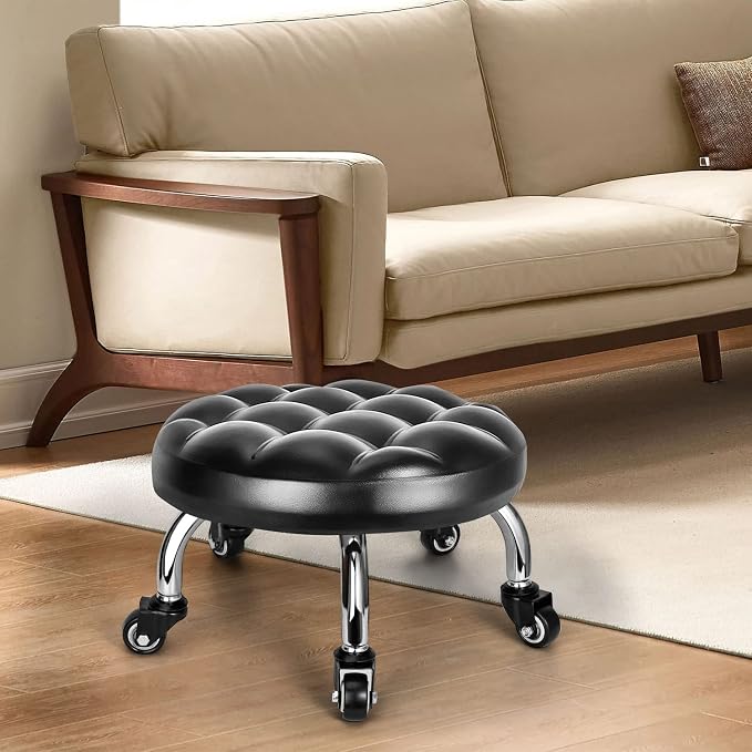 FLOLXNB Low Rolling Stool, Low Stool with Wheels, PU Leather Low Roller Seat Chair, Rolling Seat Stool for Home Office Garage Shop (Style 1)