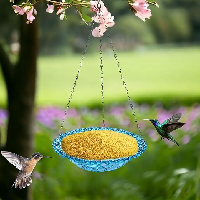 2 Pack Hanging Bird Baths Bowl Outdoor Bird Feeder 15.7 Inch Metal Chains, Weather-Resistant Hanging Bird Feeder & Bath Tray for Garden, Patio, Backyard Wildlife Decor (2P Blue)