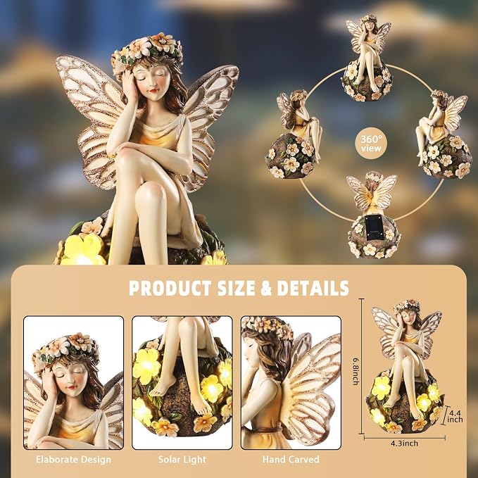 Solar Fairy Statue Sitting on the Flower Ball Light 6.8" Angel Statues for Garden Yard Patio Porch Lawn Decor Resin Fairy Figurine Outdoor Waterproof Angel Gifts for Women Mom Sister