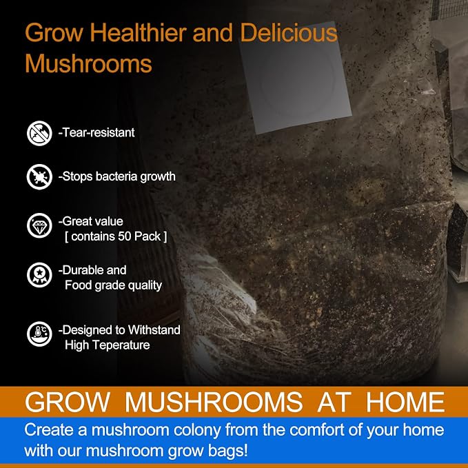 50Pcs Mushroom Growing Bag 6 Mil Thick Mushroom Spawn Bags Autoclavable Bags 8"x5"x20" Mushroom Grow Kit 0.2 Micron Filter Mycobag Grow Kit Tear Resistant Strong