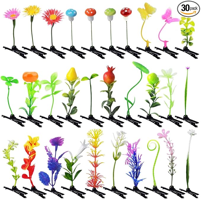 30 Pcs Bean Sprout Hair Clips, Tianhoudeger Mixed Style Plant Hairpins Hair Clip Little Grass Barrette Flower Mushroom Butterfly Headwear Hair Accessories for Women Girl School Home Party Christmas