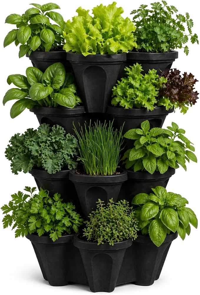 Vertical Garden Planter 4 Tier Stackable System 16 Plants, Space Saving Herb, Strawberry & Food Crop Planter with Center Support Hole for Indoor Outdoor Gardening (4, Midnight Black, Small)