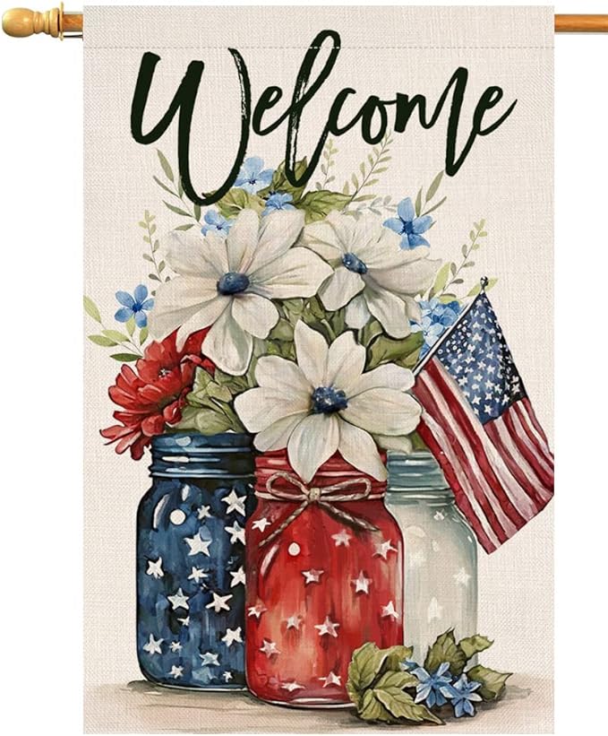 4th of July Floral House Flag 28 x 40 Vertical Double Sided Patriotic Mason Jar Flowers Red Blue Memorial Day Independence Day Holiday Outside Decorations Burlap Yard Flag BW321-40