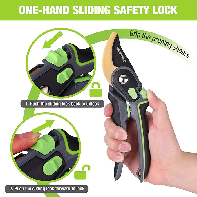 WORKPRO Bypass Pruning Shears, 9" Professional Garden Shears with Adjustable Handle Span, Premium Steel Garden Clippers, Titanium Coated Garden Tool, Cuts Up to 3/4 Inch